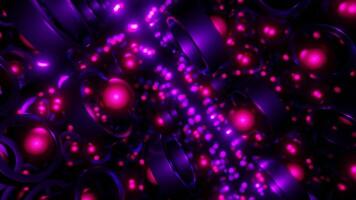 Abstract endless reality with 3D spheres flying through rings on a dark background. Design. Glowing balls and circles. video