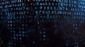 Concept of science, math code changing all over the screen. Motion. Many numbers and endless cyber space with connected lines and dots. video