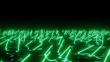 Abstract long led lights in a water surface. Design. Floating 3D stripes in a black abstract endless lake. video