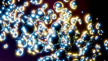 Moving stream of glowing bubbles on dark background. Design. Bright glowing bubbles move in stream. Diagonal flow of moving 3d bubbles with neon glow video