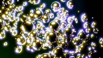 Moving stream of glowing bubbles on dark background. Design. Bright glowing bubbles move in stream. Diagonal flow of moving 3d bubbles with neon glow video