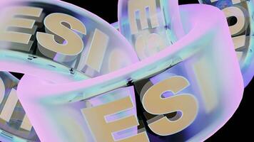 Background in 3d animation. Design. The ribbon is purple and yellow with large English letters moving rapidly in a circle. video