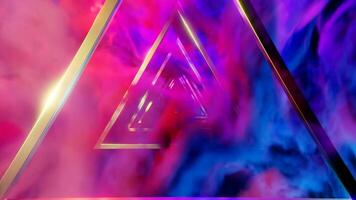 Green and pink smoke near the triangle tunnel. Design. Golden triangles standing on which a bright spray of multicolored colors falls in animation. video