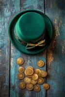 Green felt hat with a bow tie and gold coins on a rustic wooden surface for St. Patricks Day photo