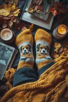 Cozy autumn vibes with playful dog-patterned socks on a blanket surrounded by leaves photo