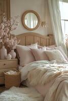 Cozy pastel bedroom with a serene vibe featuring floral decor and soft textiles photo