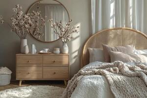 Cozy bedroom interior featuring soft textiles and natural decor with a warm color palette photo