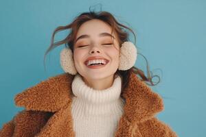 Young woman happily enjoying music while wearing cozy earmuffs against a blue background photo