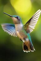 A vibrant hummingbird gracefully hovering with outstretched wings against a white background photo