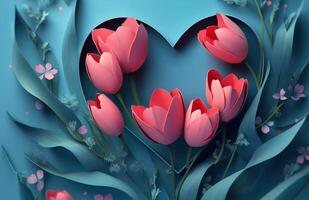 Beautiful paper art collage of pink tulips forming a heart on a blue background photo