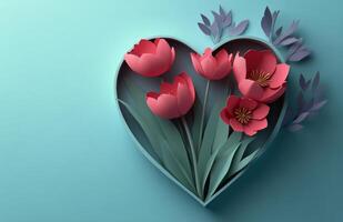 Beautiful paper art collage of pink tulips forming a heart on a blue background photo