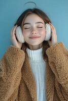 Young woman smiles while wearing warm ear muffs and a cozy sweater against a blue backdrop photo