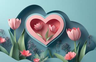 Beautiful paper art collage of pink tulips forming a heart on a blue background photo