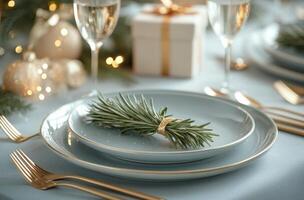 Elegant festive table setting with rosemary and sparkling decorations for holiday celebration photo