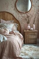 Cozy pastel bedroom with a serene vibe featuring floral decor and soft textiles photo