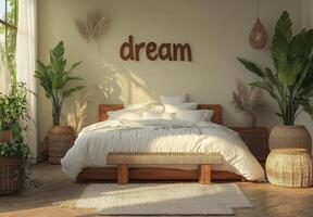 Cozy bedroom with natural decor and soft lighting creating a serene atmosphere for relaxation photo