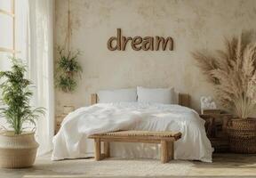 Cozy bedroom with natural decor and soft lighting creating a serene atmosphere for relaxation photo