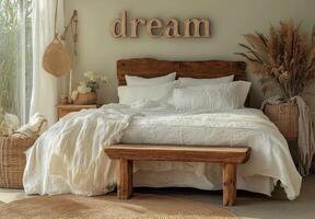 Cozy bedroom with natural decor and soft lighting creating a serene atmosphere for relaxation photo