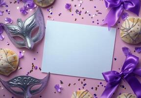 Festive table arrangement with masks, cookies, and sparkling confetti for a celebration party photo