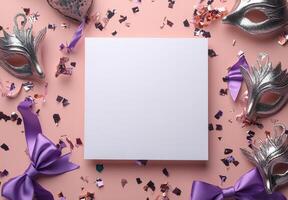 Festive table arrangement with masks, cookies, and sparkling confetti for a celebration party photo