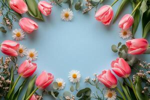 A vibrant arrangement of pink tulips and daisies creating a floral border on a light blue background photo