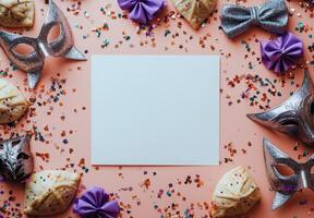 Festive table arrangement with masks, cookies, and sparkling confetti for a celebration party photo