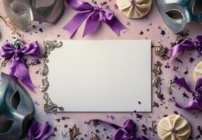 Festive table arrangement with masks, cookies, and sparkling confetti for a celebration party photo
