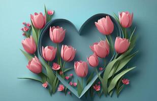 Beautiful paper art collage of pink tulips forming a heart on a blue background photo