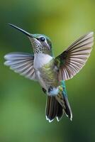 A vibrant hummingbird gracefully hovering with outstretched wings against a white background photo