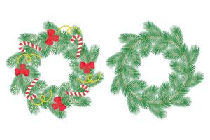 Christmas or New Year evergreen twig wreaths decorated and not. Round frame border Set of 2 Template. Isolated illustration Lettering, cards, poster, flyer, leaflet, banner, label or web, promo vector