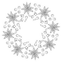 Clove, Star Anise and wild berries Outline mulled wine spice set Circle frame border idea Copy space. Isolated illustration Cards, poster, leaflets, banner, brochures, greetings, label or web, vector