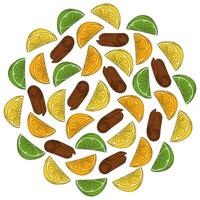 Citrus and cinnamon stick Colorful Round background texture in trendy bright shades. Backdrop idea. Isolated illustration Cards, poster, leaflets, banner, brochures, price, label or web promo vector