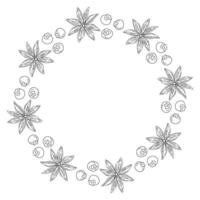 Star anise and blueberries Outline mulled wine spices Round frame border. Greeting or cards template. Isolated illustration Web promo backdrop, cards poster, banner, label, price tag or leaflet vector