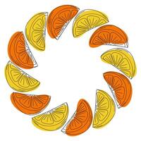 Orange and lemon hand drawn outline slices with yellow and orange abstract spots Round Frame border. Copy space. Isolated illustration Web promo backdrop, cards poster, banner, label or leaflet vector