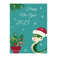 Leaflet with snake in Santa hat and pine twigs in flower pot with Christmas decoration and snowflake. illustration vector