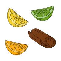 Sliced Lemon, Lime, Orange and rolled Cinnamon stick in trendy bright shades Set of 4 design element. Isolated illustration Cards, poster, leaflets, banner, brochures, price, label or web promo vector