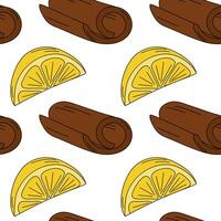 Cinnamon stick and lemon wedge Seamless pattern in trendy bright shades. Wallpaper backdrop concept. Isolated illustration Wrapping or web, posters, banners, brochures, cards, price tag, label vector
