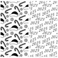2025 New Years date and Candy Canes, Santa hats, snowflakes Black and white simple Seamless Patterns. Set of 2 Isolated illustration Themed cards, posters, leaflets, label or web promo backdrop vector