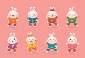 A set of cute rabbit or bunny characters or mascots, expressions and movements, playfully celebrating the Chinese New Year vector