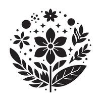 A black and white illustration of a flower and leaves vector