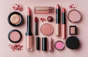A collection of blushes and cosmetic products arranged on a soft pink surface with tools nearby photo