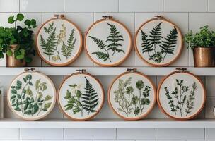 Rustic kitchen shelves filled with jars, herbs, and ceramic dishes in a cozy home setting photo