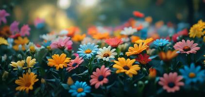 Colorful flower garden in full bloom during sunny spring afternoon photo