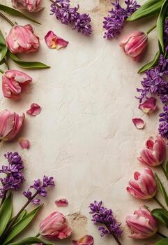 Beautiful spring flowers arranged in a circular pattern on a light background photo