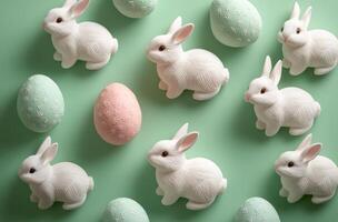 Celebrating Easter with decorative eggs and a cute bunny on a pastel green background photo