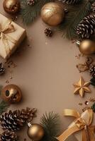 Elegant holiday gift with golden accents and natural elements on a neutral backdrop photo