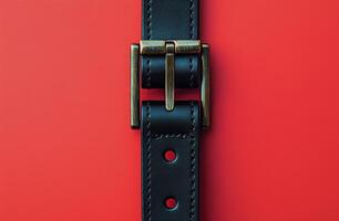 Black leather belt against a bright red background showcasing simple elegance and style photo