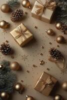 Elegant holiday gift with golden accents and natural elements on a neutral backdrop photo