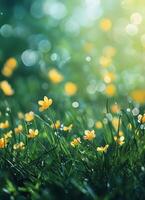 A vibrant meadow filled with yellow flowers under soft sunlight in a tranquil natural setting photo