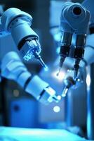 Robotic surgical instruments displayed in a modern medical facility during a procedure photo